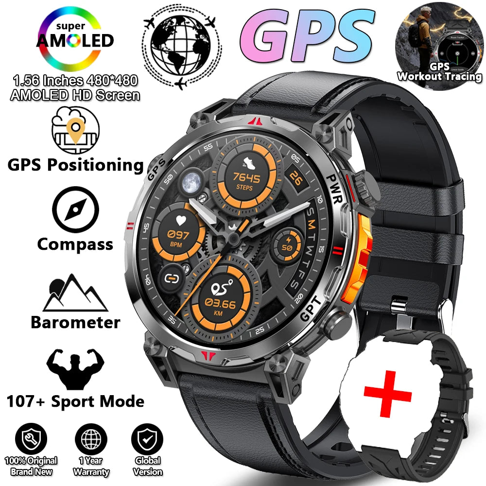 2026 New Outdoor Sports Smartwatch Men GPS Positioning 650mAh HD Call 1.56-inch AMOLED Screen Compass 5ATM Waterproof Watch Man