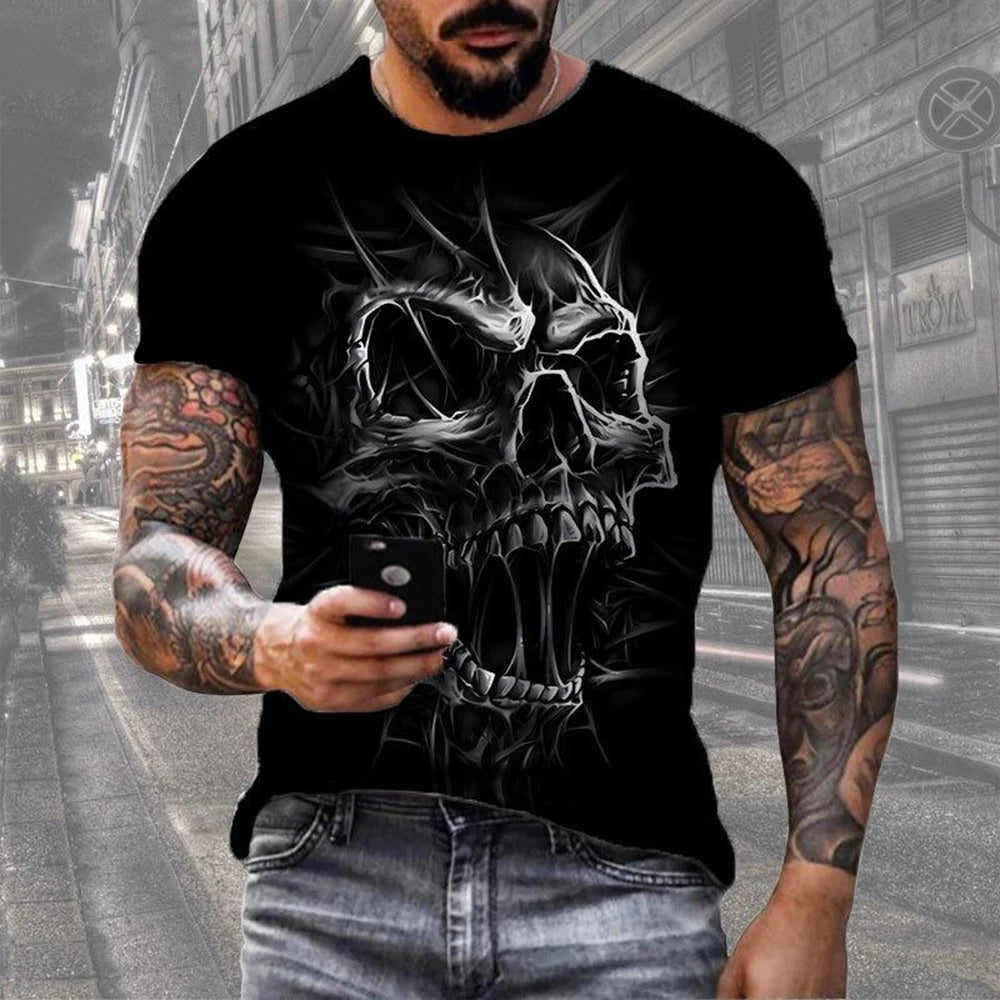 Summer Fashion Retro Skull 3D Printed T-shirt Hip Hop Personality Super Cool Horror Casual T-shirt