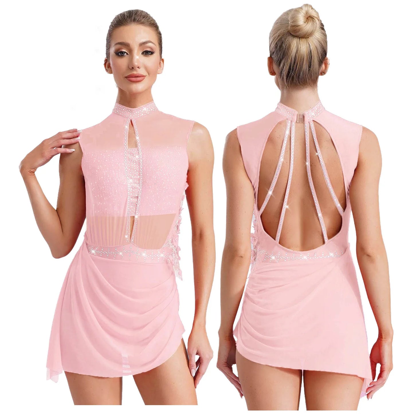Women Lyrical Dance Dress Ballet Figure Skating Gymnastics Stage Performance Costume Sleeveless Rhinestones Applique Leotards