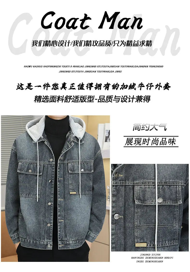 Winter Men's Denim Jacket Thicken Fleece Warm Coats Fashion Classic Hooded Slim Biker Jeans Jacket Outwear