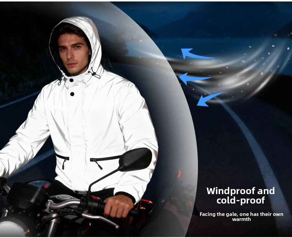 WOSAWE Motorcycle Riding Full Reflective Hooded Jacket, Hiking Night Riding Night Running Charge Carry-on Sports Jacket