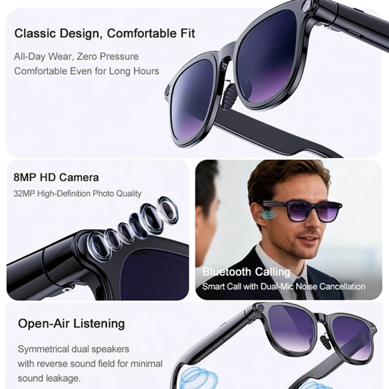 Lenovo 8K AI Smart Glasses With 100MP Camera Chat GPT Touch Sport Sunglasses Bluetooth Call Video Music Player For Men Women