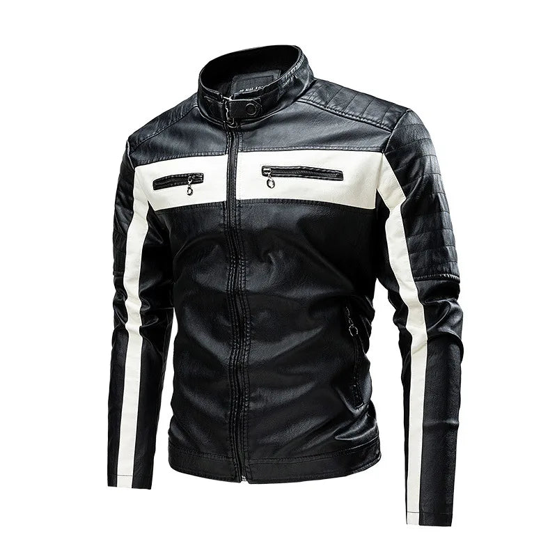 Men's Casual Biker PU Leather Jacket New 2025 Fashion Color Block British Style Motorcycle Jacket Men's Clothing Outerwear