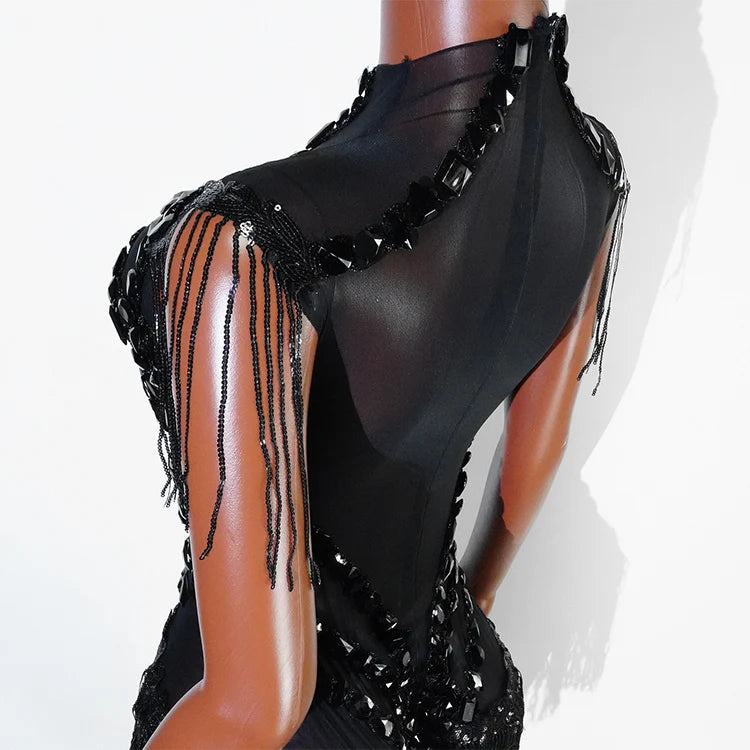 Sexy Mesh Sheer Black Rhinestone rhinestone Bodysuit Singer Dancer Show Stage Outfit Celebrate Party Night Club Performance Waer