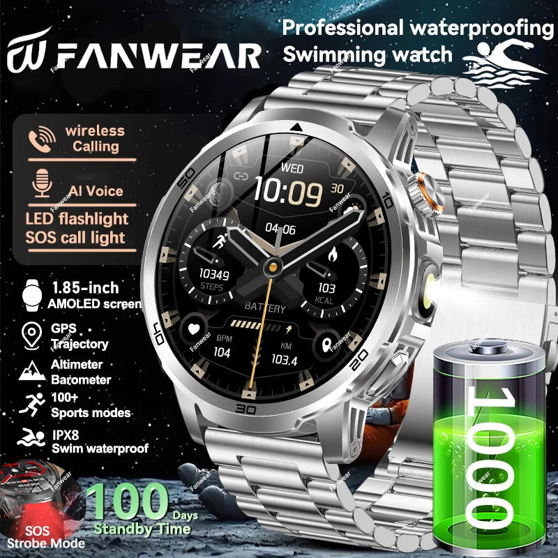 Fanwear men's smart watch SOS distress light +LED flashlight dual light mode 1000 mAh battery GPS trajectory 1.85 inch AMOLED