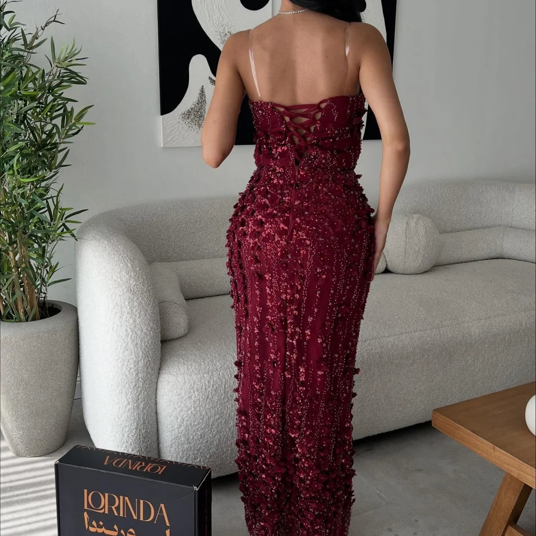 Bella Customized Burgundy Strapless Ruffled 3D Beaded Prom Dress Slim Fit High Slit Party Dresses Floor-Length Elegant 2025