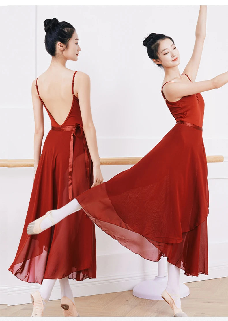 Adults Women Ballet Dance Skirts Long Chiffon Dance Skirts Lyrical Soft Ballet Dress Black Burgundy Translucent Dance Costumes