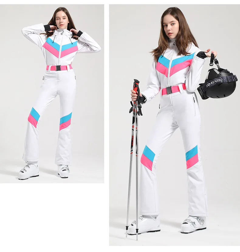 Women One Piece Ski Suit Winter Snowboard Jumpsuit Waterproof Windproof Thicken Hooded Outdoor Sport Wear for Mountain Hiking