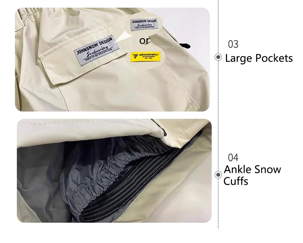 John Snow 2025 Unisex 3L Snow Pants Waterproof Windproof Insulated Cargo Wide-Leg Ski Pants for Men & Women Outdoor Snow Sports