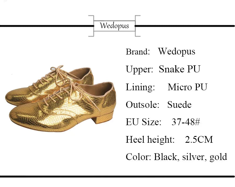 Wedopus Customized 2.5CM Heel Gold Snake PU Dance Shoes Suede Sole Men Ballroom Dancing Shoes with Lace-up