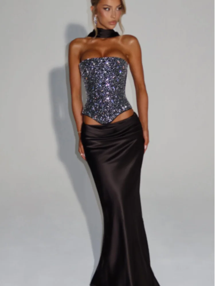 Sexy Sequin Top Long Skirt Set Women Strapless Off-shoulder Slim Tops High Waist Satin Skirts Sets Lady Vacation Party Outfits