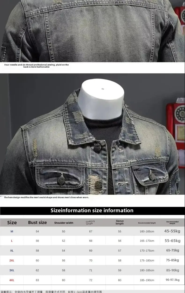 2025 Men's Autumn Winter Brand Casual Cotton Jacket with American Retro Motorcycle Embroidered Street Fashion Grey Jeans Coat