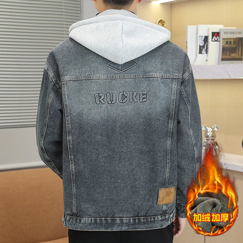 Winter Men's Denim Jacket Thicken Fleece Warm Coats Fashion Classic Hooded Slim Biker Jeans Jacket Outwear
