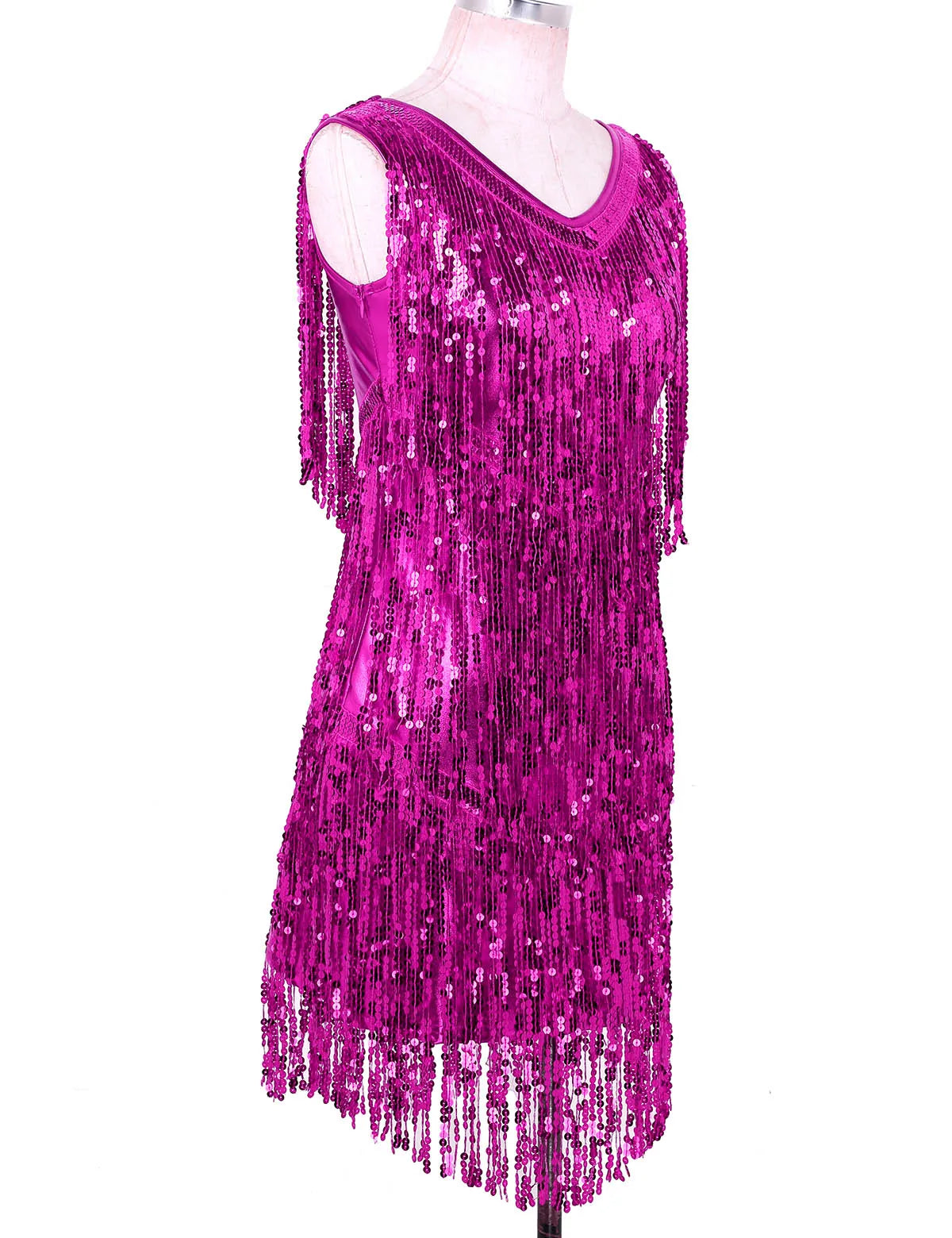 Women Latin Dress Shiny Sequin Sleeveless Tassels Fringed Dress Tango Samba Rumba Ballroom Salsa Jazz Dance Performance Costume