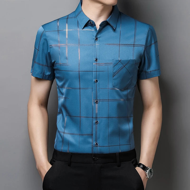 Men's Business Casual Short Sleeve Shirt New No Iron Wrinkle Resistant Top Easy Care Comfortable Fit for Office And Work