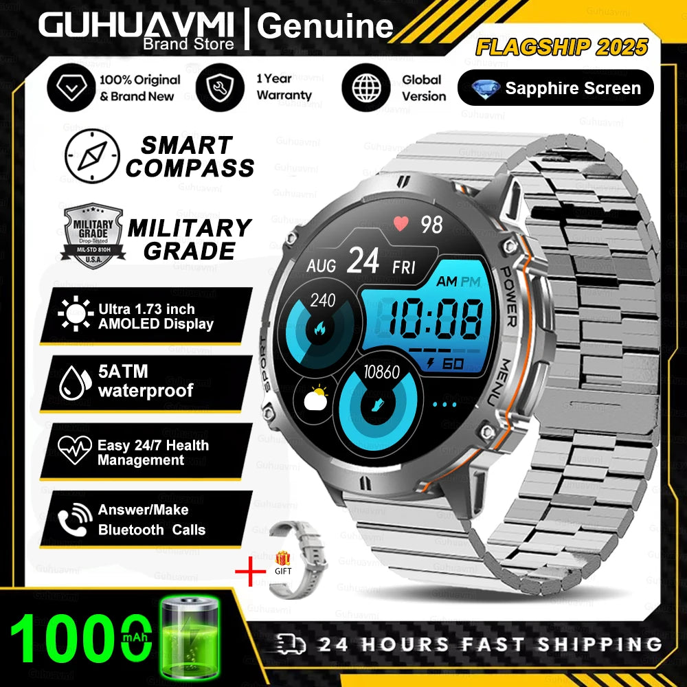 New Outdoor 1000mAh Battery Men Adult Smart Watch GPS Compass Altimeter 10ATM Waterproof Heart Rate BT Call Sport Man Smartwatch