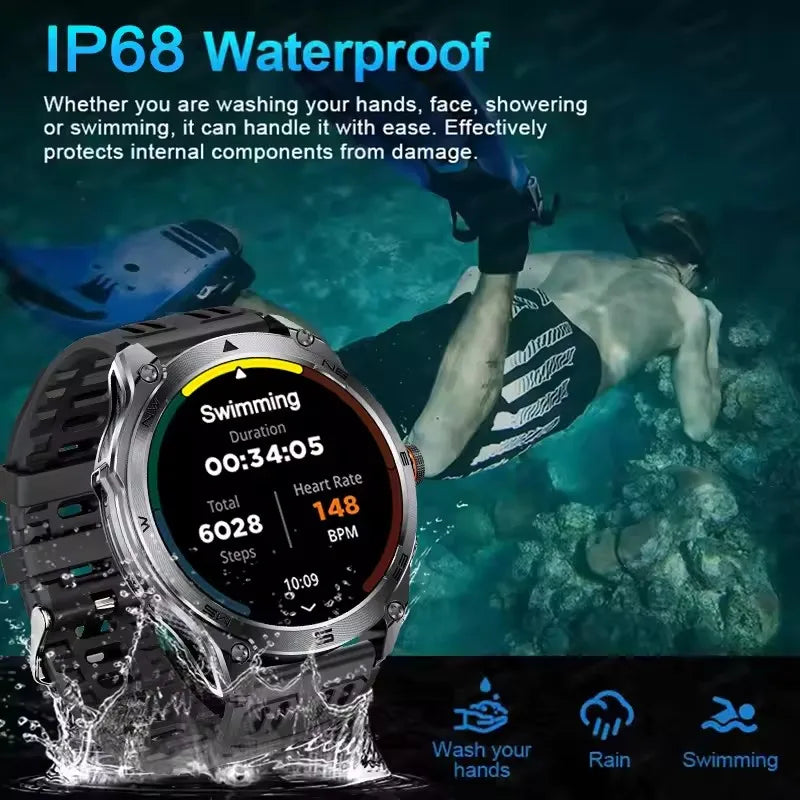 2026 New Military Smart Watch 1000Mah Battery GPS Compass 10ATM Waterproof Tactics Sports Flashlight BT call Smart Watch For Men