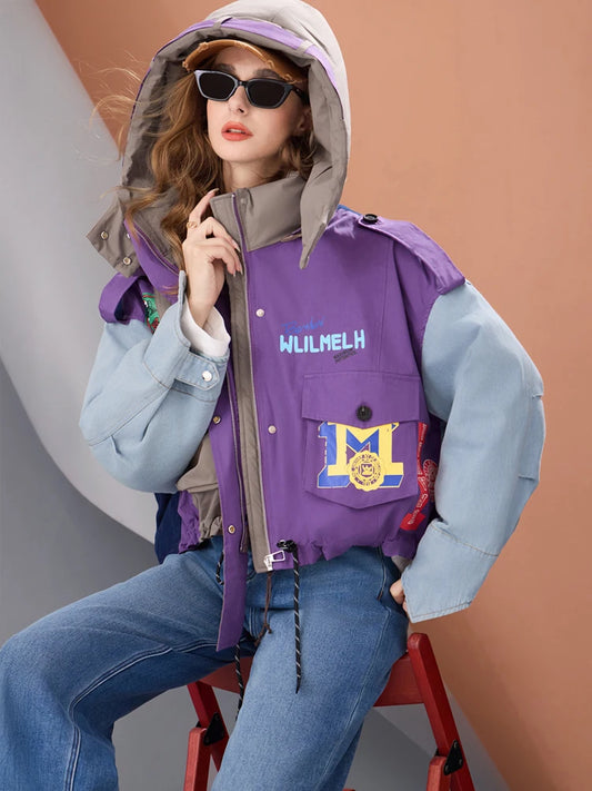 Women Short Puffer Jacket Hooded Thick Warm Winter Coat Color Block Denim Sleeve Streetwear Oversized Fashion Down Outerwear