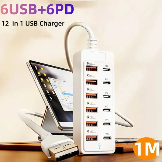 12 in 1 Fast USB Charger Power Strip Desktop Charging Station Fast Charging 1m Cord USB HUB Adapter Socket for Home Office