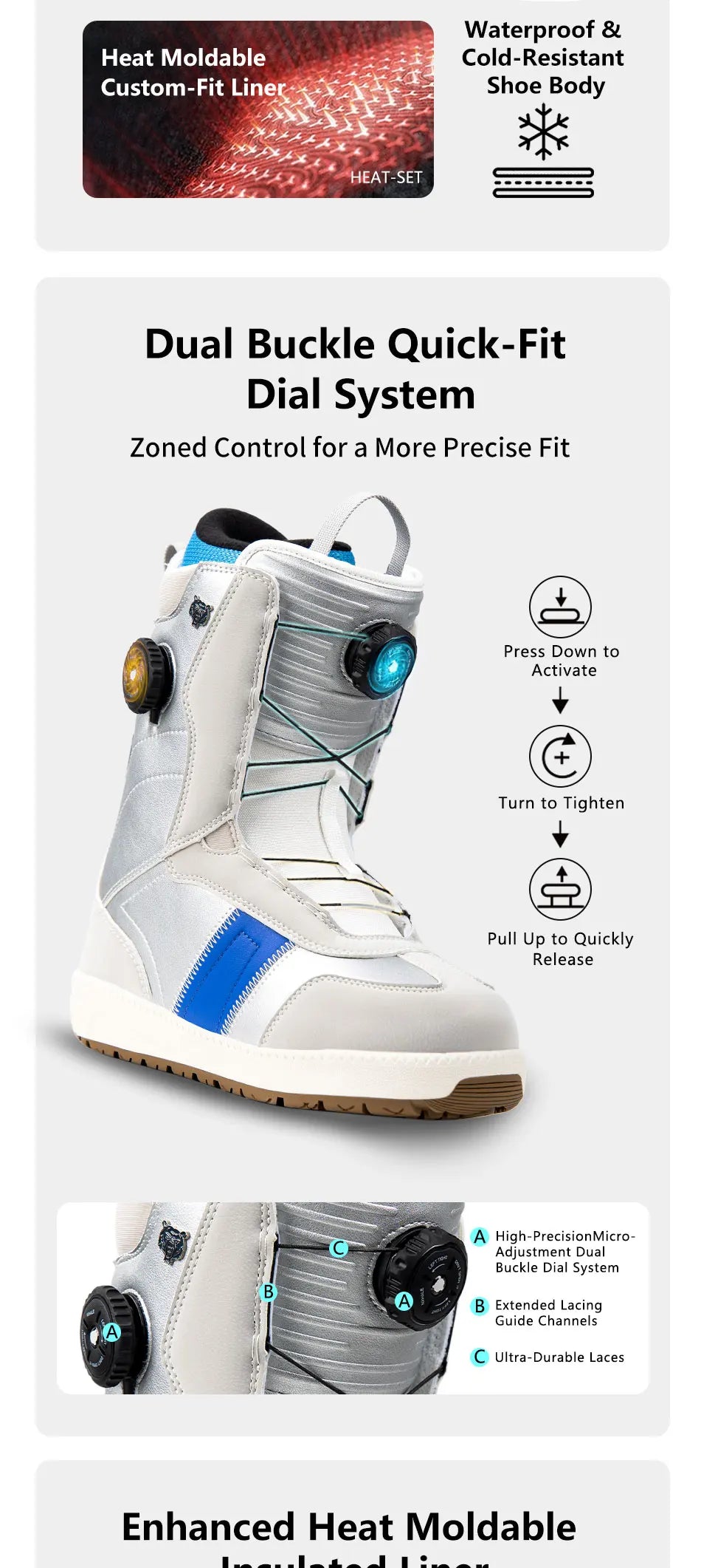 Dexun Dual Buckle Ski Boots Quick-Lace Waterproof Warm EVA Rubber Sole TPU Support Snowboard Shoes Size 36-45