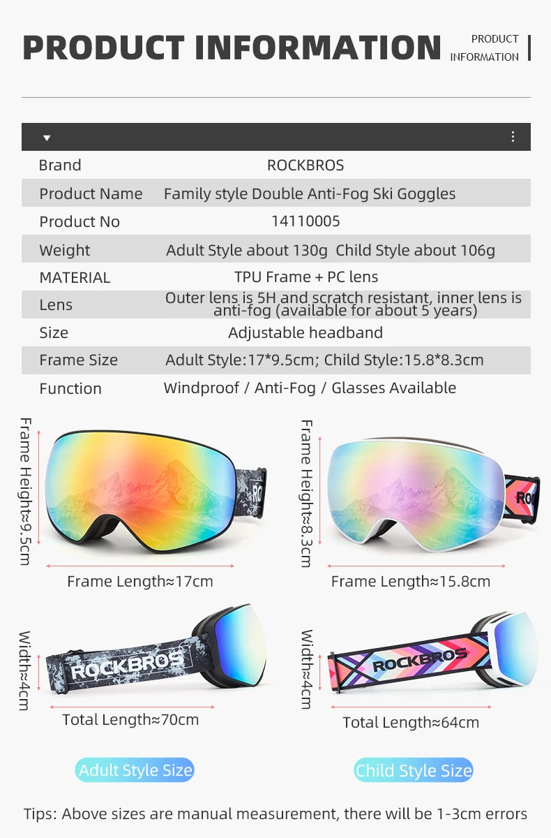 ROCKBROS Skiing Snowboarding Eyewear Goggles for Adult / Child Windproof Anti-fog Snow Ski Glasses Winter Sports Accessories