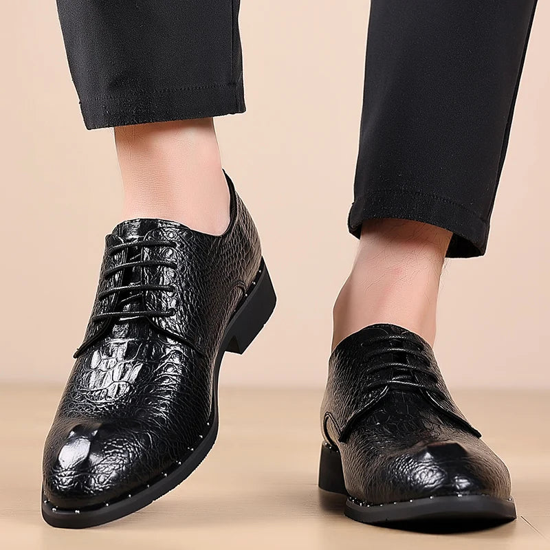 Men's Lace-Up Retro British-Style Casual Shoe Crocodile-Patterned Pointed Toe Formal Shoe Comfortable And Breathable Party Shoes