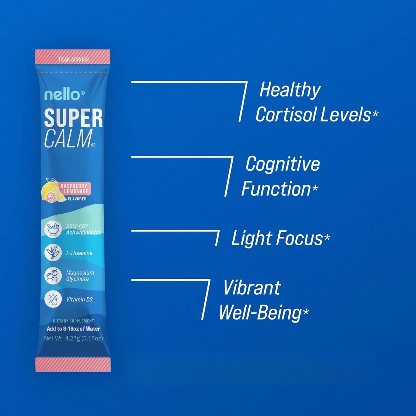 Nello Supercalm Powdered Mix, Raspberry Lemonade, L Theanine, Ksm-66 Ashwagandha, Magnesium Glycinate, Vitamin D 3, Supple