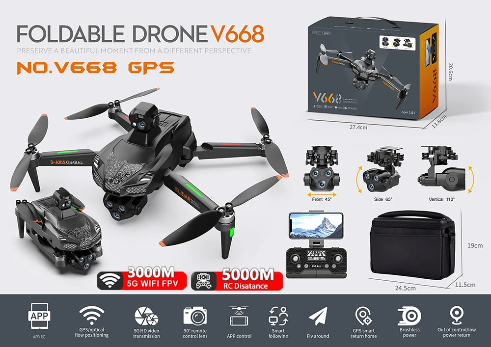V668 GPS Drone 8K Professional 3-Axis PTZ HD Three Camera 5G WIFI FPV Dron Obstacle Avoidance Brushless Motor RC Quadcopter Toys