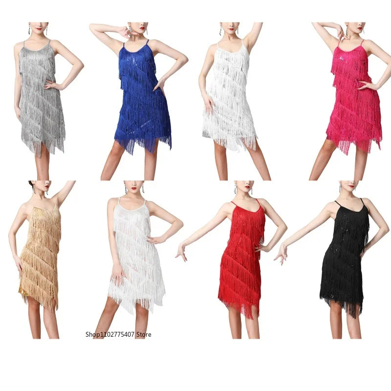 Women Salsa Latin Dance Dress Sequin Tassel Fringe Flapper Dress 1920s Gatsby Cocktail Dress Tango Ballroom Dancing Costume