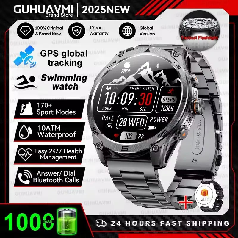 2026 New Military Smart Watch 1000Mah Battery GPS Compass 10ATM Waterproof Tactics Sports Flashlight BT call Smart Watch For Men
