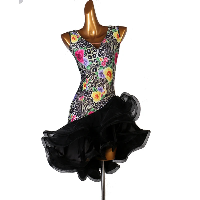 Latin Dance Dress V-Neck Wave Point Skirt Profession Custom Female Adult Child Elegant Performance Clothes Competition Clothing