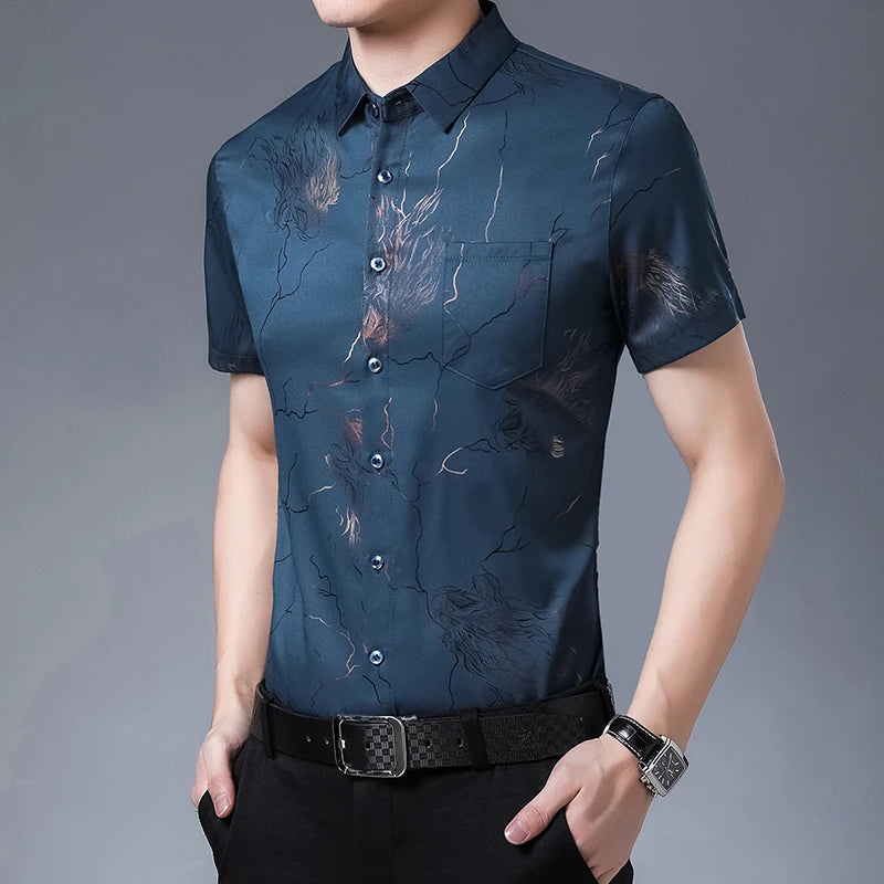 New Men's Casual Printed Short Sleeved Lapel Shirt for Summer Fashion Comfort No Ironing Wrinkle Resistant Top