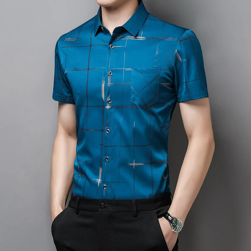 Men's Business Casual Short Sleeve Shirt New No Iron Wrinkle Resistant Top Easy Care Comfortable Fit for Office And Work