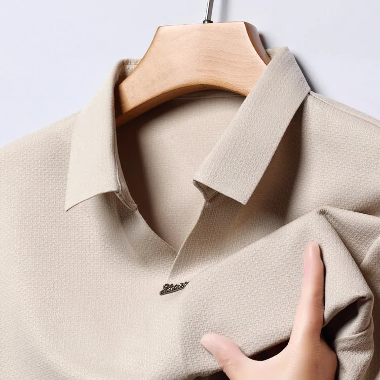 High End Mulberry Silk T-shirts Man Long Sleeve Tops Business Casual Elastic Non-iron Seamless Quality Luxurious Men Polo Shirts