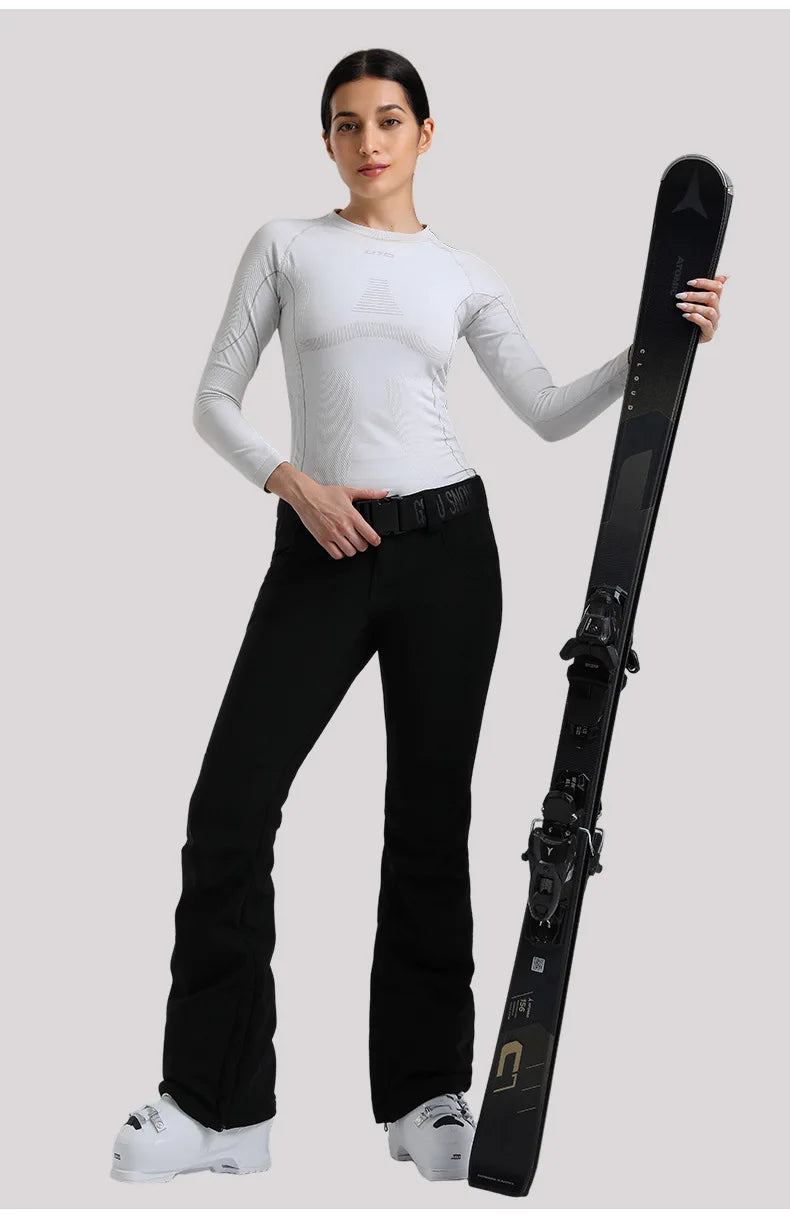New Women's Ski Pants Stretch Slim-fit Dual-layer Insulated Professional Windproof Waterproof Breathable Solid Color Ski Pants