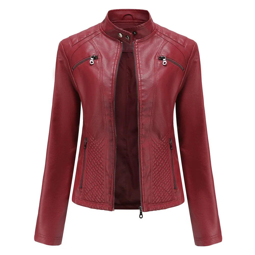 2026 New Lavender Purple Women's Long Sleeve PU Jacket, Fashion Motorcycle Leather Jackets, Red Coat, Black Outerwear.