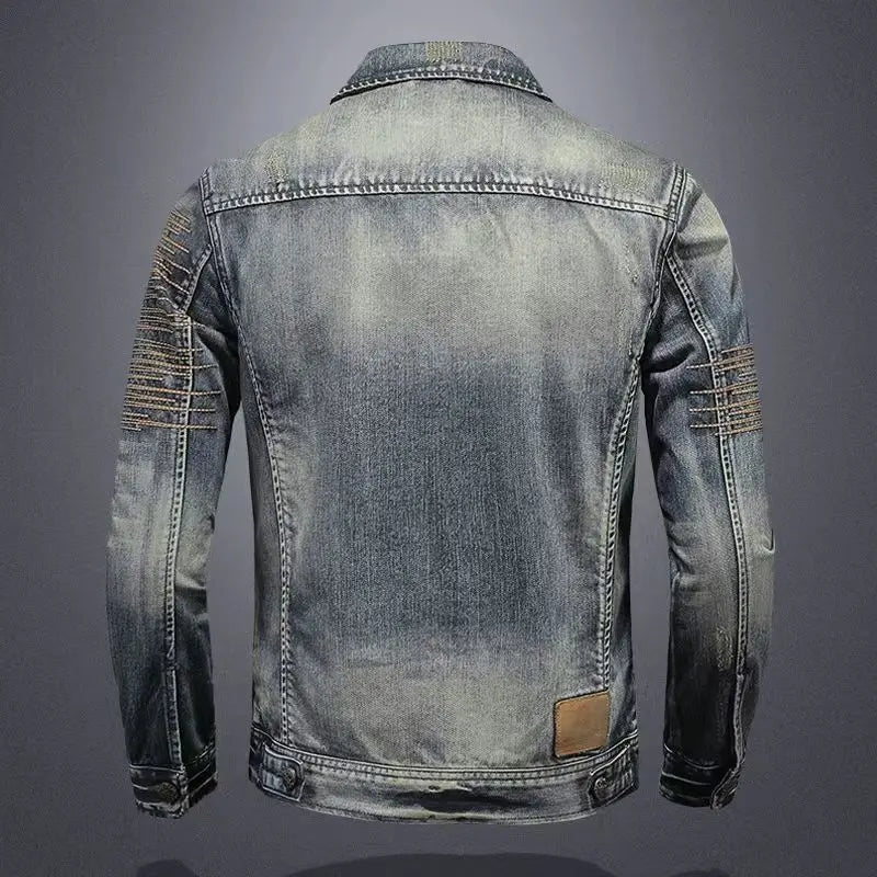 2025 Men's Autumn Winter Brand Casual Cotton Jacket with American Retro Motorcycle Embroidered Street Fashion Grey Jeans Coat