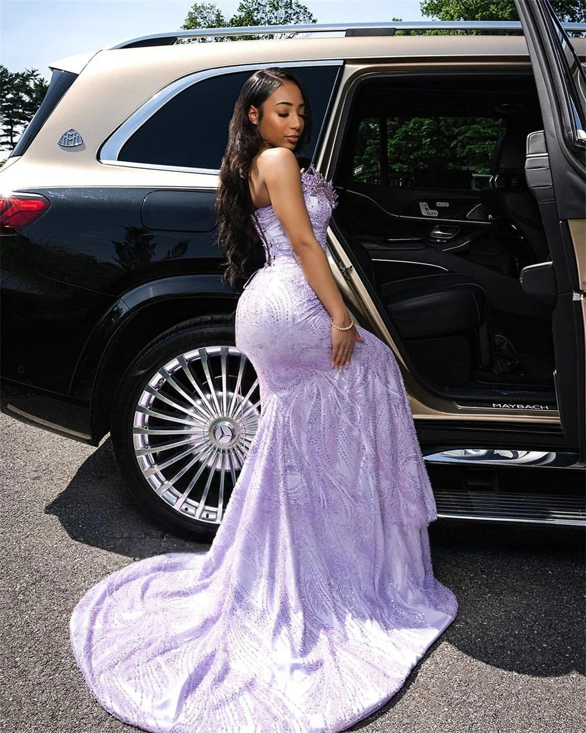 Lilac Long African Prom Dresses For Black Girls Mermaid Sweetheart Lace Beaded Prom Gowns Evening Party Customized