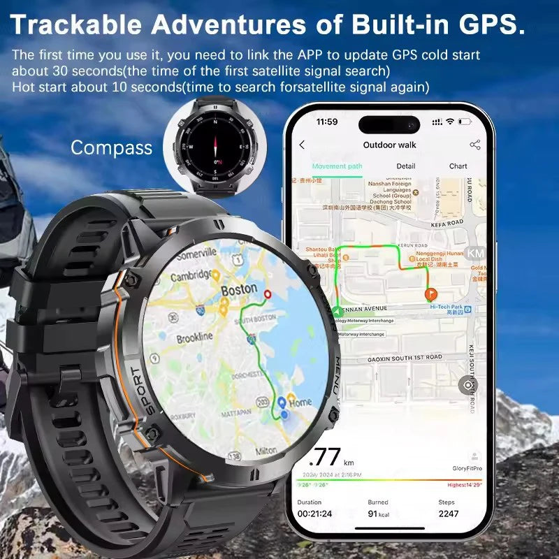 New Outdoor 1000mAh Battery Men Adult Smart Watch GPS Compass Altimeter 10ATM Waterproof Heart Rate BT Call Sport Man Smartwatch