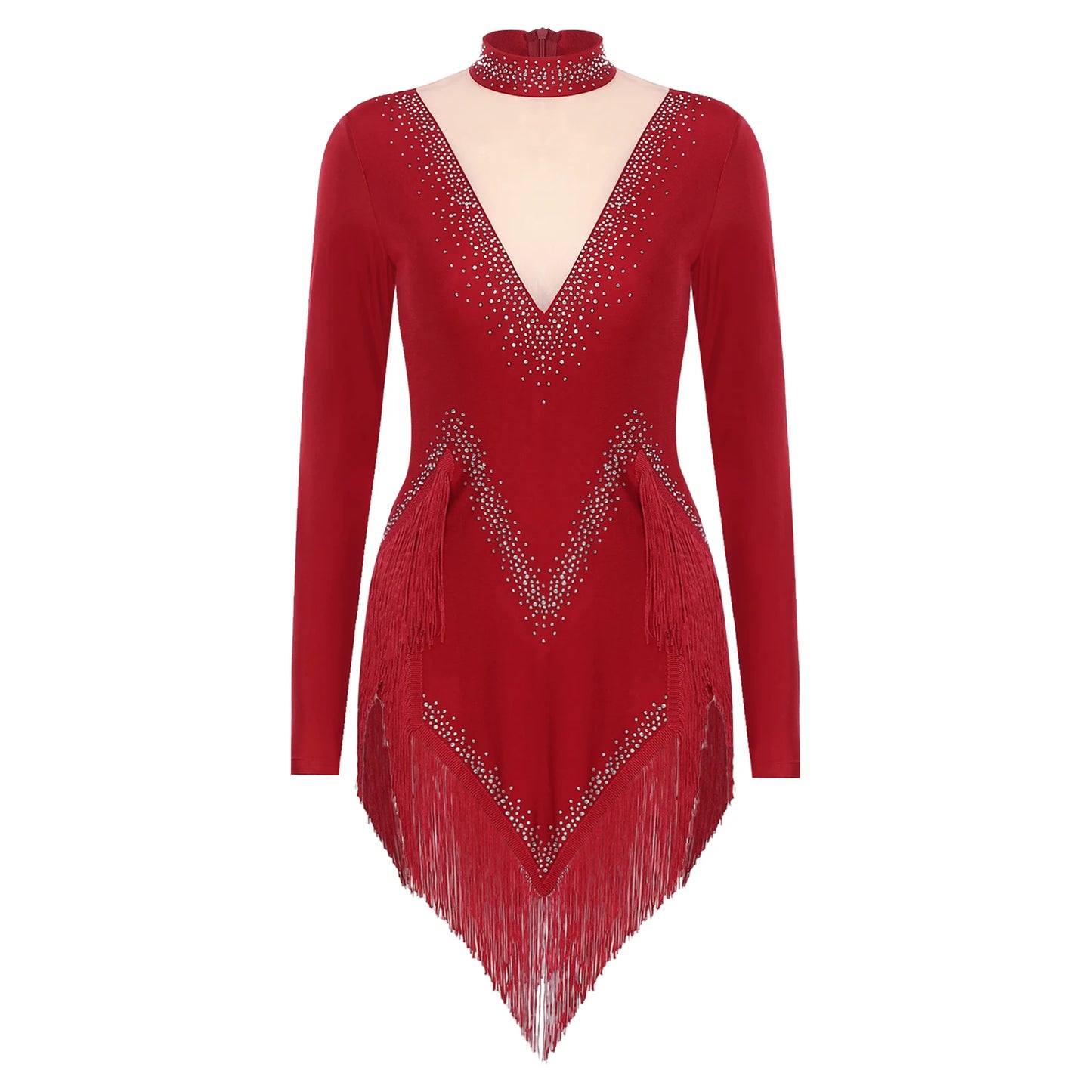 Womens Tassel Latin Tango Samba Dance Dresses Stage Performance Costume Long Sleeve Irregular Hem Shiny Rhinestones Dance Dress