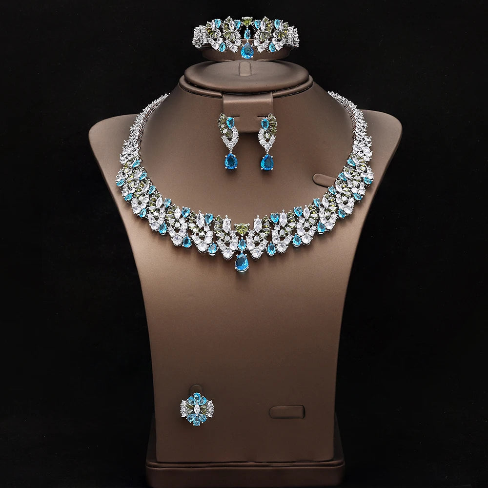 Luxury 4 Pieces Necklace Earrings Set Big Colorful CZ Zircon Wedding Bridal Jewelry Set Dubai Women Gift