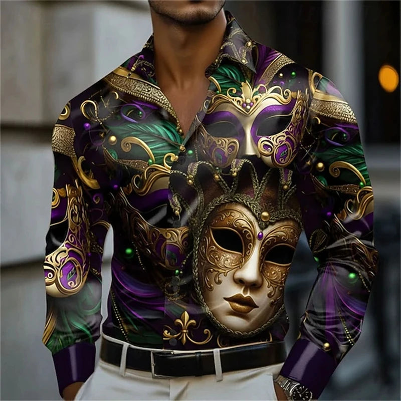 Men's Carnival Themed Feather Mask Print Long-Sleeve Shirt, Fashionable Street Style Party Casual Loose Fit Men's Top XS-6XL