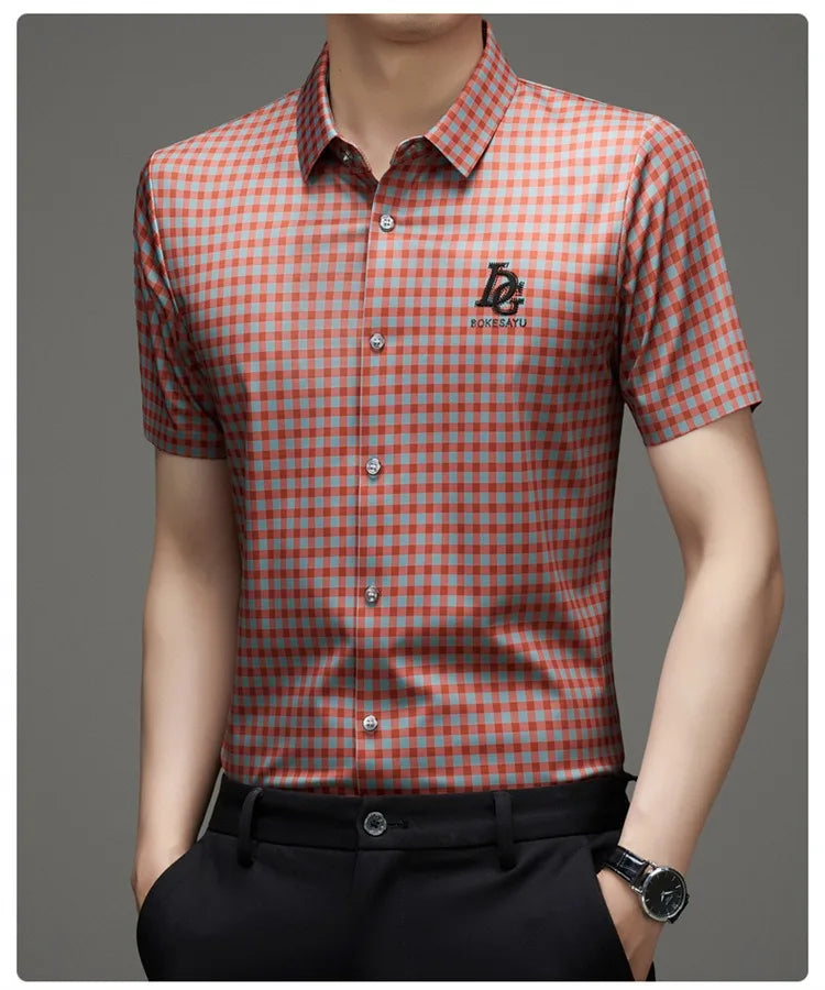 High End Man's Plaid Shirts Non-iron Business Fashion Leisure Tops Luxurious Male Short Sleeve Summer Quality Thin Shirt for Men