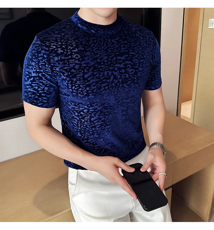 Men's T-Shirts Korean Fashion Gold Velvet Short Sleeve Mens Casual T Shirt Slim Fit Breathable Turtleneck Tee Shirt Homme 4XL-M