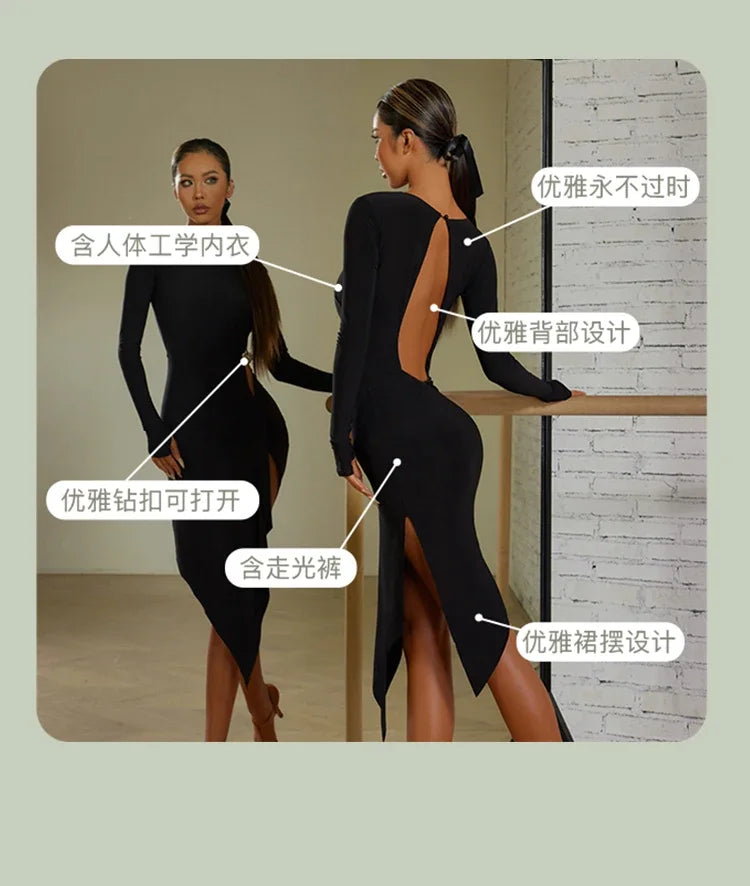 Women Black Long Sleeves Dress Adult Tango Dance Clothes Rumba Ballroom Dance Dress Practice Wear ZYM Latin Dance Dress