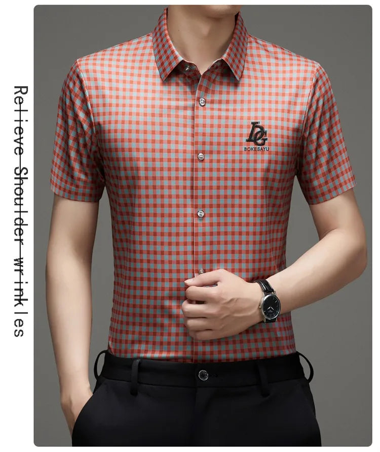 High End Man's Plaid Shirts Non-iron Business Fashion Leisure Tops Luxurious Male Short Sleeve Summer Quality Thin Shirt for Men