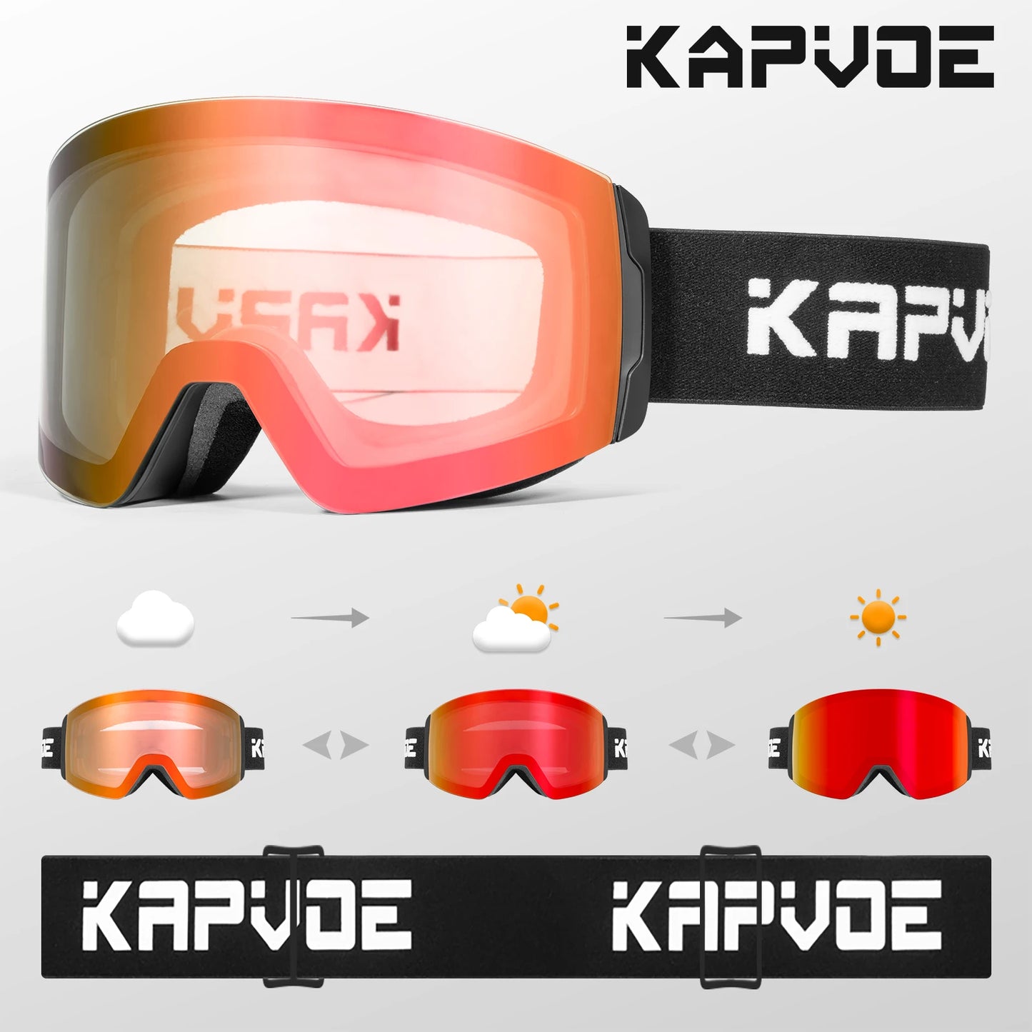Kapvoe Photochromic Ski Goggles Magnetic Anti-Fog Lenses UV400 Protection Men Women Ski Goggles Snow Sunglasses Sports Eyewear