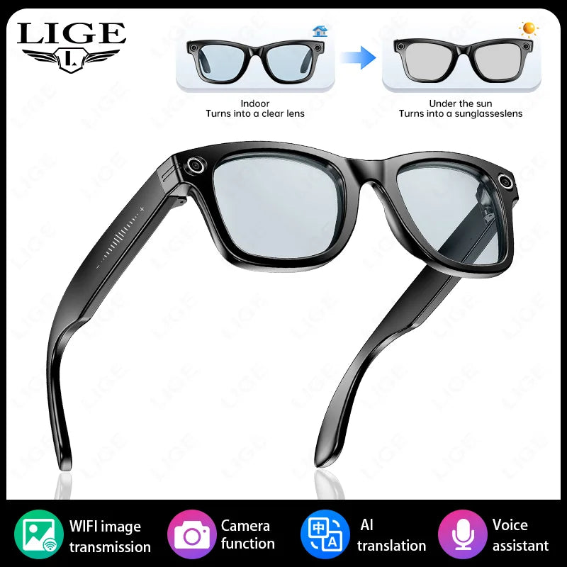 LIGE New Photochromic Lenses Smart Glasses 800W Camera HD Video Recording Bluetooth Call Glasses AI Smart Translation Sunglasses