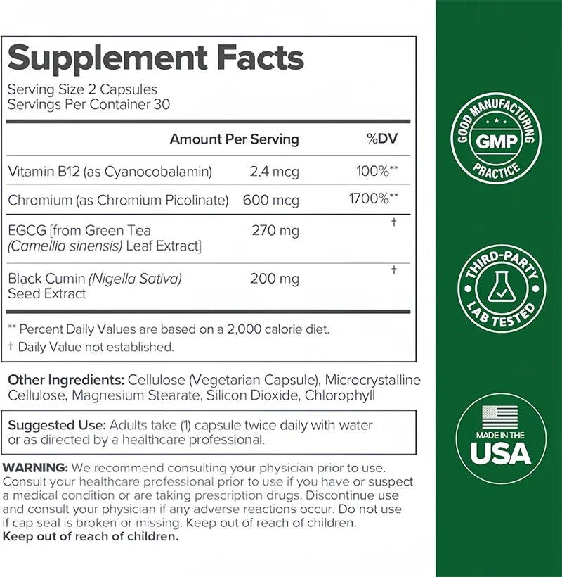 Green Tea Supplement Curb Cravings Vegan Capsules Vitamin B12 Antioxidant Metabolism Support Weight Loss Pills Fat Burning Detox
