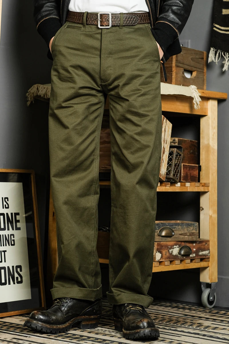 High Waist Wide Leg Khaki Pants American Retro Military Sle Chino Cuffed Double Silk Luster Straight Leg Workwear Trousers